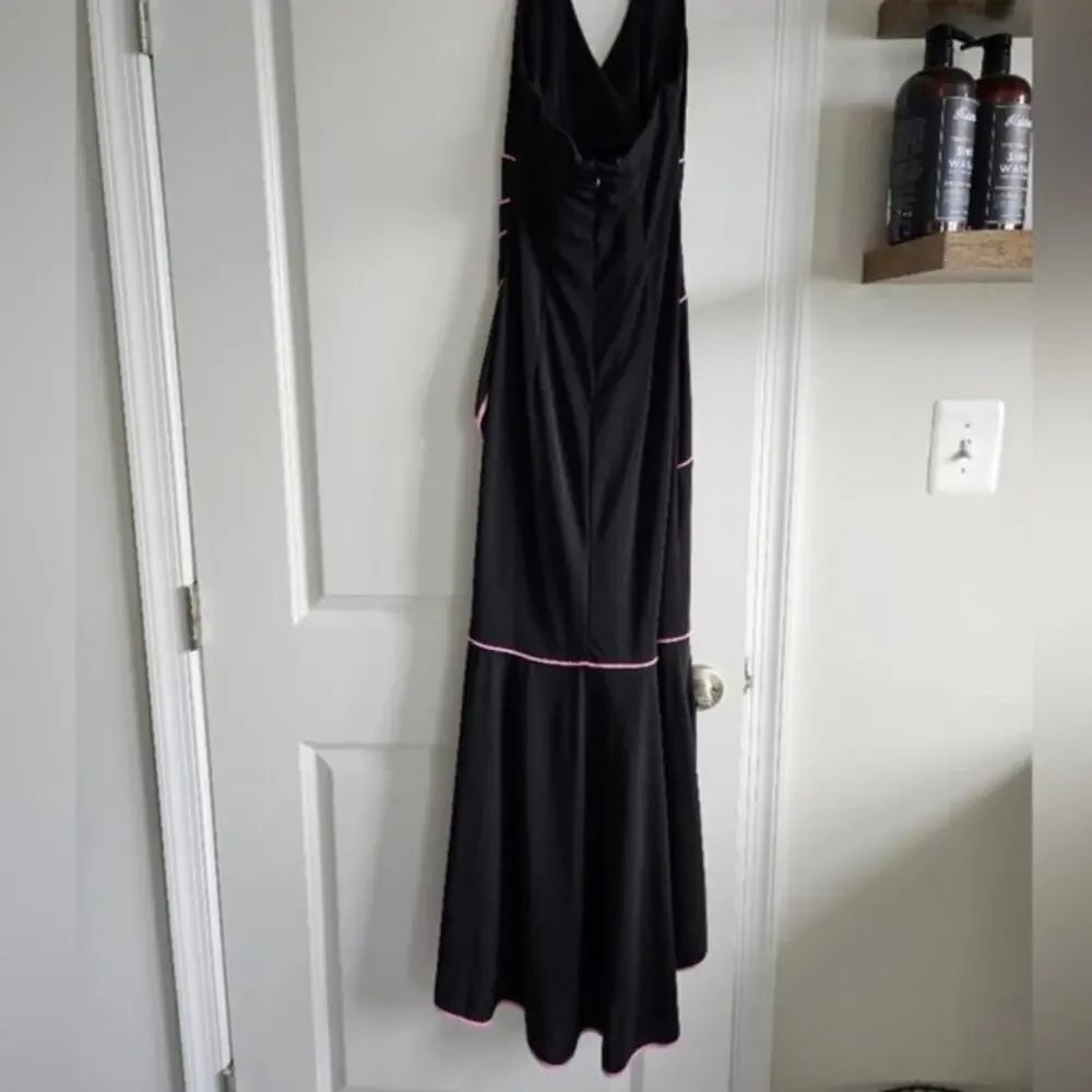 Vintage 90s Womens Black Halter Dress Ruffles Pink Trim